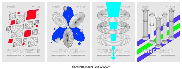 Brutalism inspired graphic design, unusual strange wireframes made with vector abstract anti-design elements and geometric shapes, psychedelic composition in Y2k trendy style, poster art