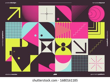 Brutalism inspired graphic design of vector poster cover layout made with vector abstract elements and geometric shapes, useful for poster art, website headers, front page design, decorative prints.