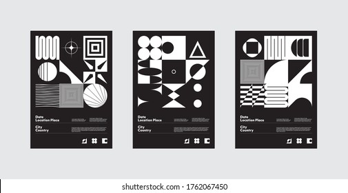 Brutalism inspired graphic design of vector poster set cover layout made with vector abstract elements and geometric shapes, useful for poster art, front page design, decorative prints