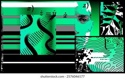 Brutalism inspired vector graphics collage made with simple geometric shapes, grunge texture, and distrssed  pixelated image of human face. Futuristic poster art and digital print design.