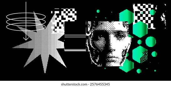 Brutalism inspired vector graphics collage made with simple geometric shapes, grunge texture, and distrssed  pixelated image of human face. Futuristic poster art and digital print design.