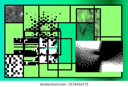 Brutalism inspired vector graphics collage made with simple geometric shapes and grunge texture in green and black colors, useful for poster art and digital prints.