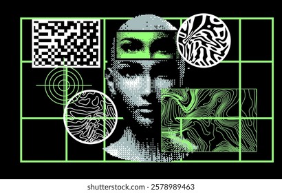 Brutalism inspired vector graphics collage made with simple geometric shapes, grunge wavy texture and distorted pixelated image of human face useful for poster art and digital prints.