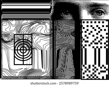 Brutalism inspired vector graphics collage made with simple geometric shapes, grunge wavy texture and distorted image of human face useful for poster art and digital prints.