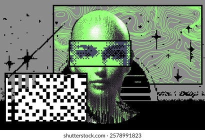 Brutalism inspired vector graphics collage made with simple geometric shapes, grunge wavy texture and distorted pixelated image of human face useful for poster art and digital prints.