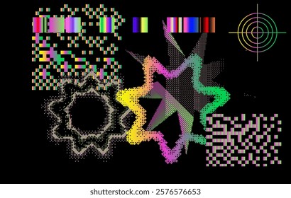 Brutalism and internet pixel graphics inspired vector collage made with simple geometric shapes and grunge texture in holographic bold colors, useful for poster art and digital prints.