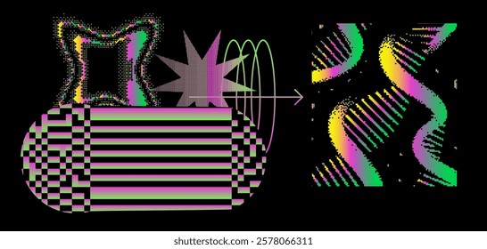 Brutalism and internet pixel graphics inspired vector collage made with simple geometric shapes and grunge texture in holographic bold colors, useful for poster art and digital prints.