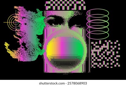 Brutalism and internet pixel graphics inspired vector collage made with simple geometric shapes and grunge texture in holographic bold colors, useful for poster art and digital prints.