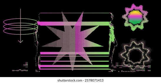 Brutalism and internet pixel graphics inspired vector collage made with simple geometric shapes of stars and grunge texture in holographic bold colors, useful for poster art and digital prints.