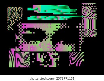 Brutalism and internet pixel graphics inspired vector collage made with simple geometric shapes and picture of human eyes, useful for poster art and digital prints.