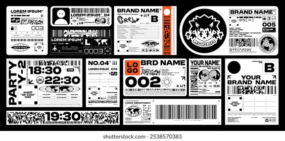 Brutalism label design pack. Futuristic assets for streetwear, event tickets and apparel branding. Retro Y2K and glitch aesthetics graphic elements. Vector set	