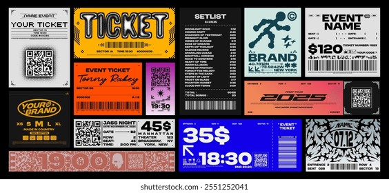 Brutalism label design pack. Futuristic assets for streetwear, event tickets and apparel branding, elements for music events. Retro Y2K and glitchcore aesthetics. Vector set