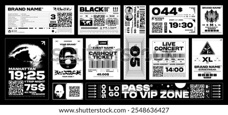 Brutalism label design pack. Futuristic assets for streetwear, event tickets and apparel branding. Retro Y2K and glitch aesthetics graphic elements. Vector set