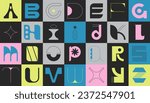 Brutalism modern font type. Aesthetics latin alphabet in brutal style. Geometric capital letters of eclectic shapes, abstract symbols or simple art elements in square for cover design.