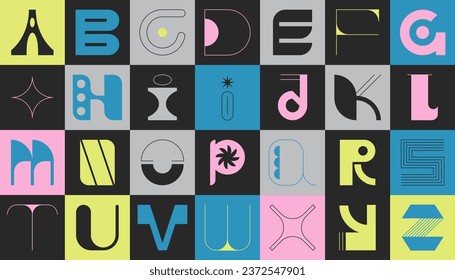 Brutalism modern font type. Aesthetics latin alphabet in brutal style. Geometric capital letters of eclectic shapes, abstract symbols or simple art elements in square for cover design.