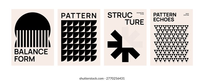 Brutalism pattern poster. Bold poster design with balance form, geometric structure and echo patterns in monochrome style. Modern banner template for covers and presentations. Vector illustration