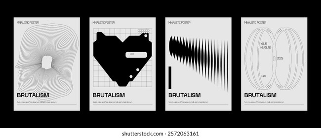 Brutalism poster design. Abstract geometric figures. Modern and futuristic design style. Minimalist creativity and art. Typography. Linear flat vector illustration