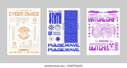 Brutalism poster set, Event poster vector set. Futuristic poster flyer for print. Streetwear poster bundle.  Modern brochure for print. Retrofuturism graphic for promo event and music. 
