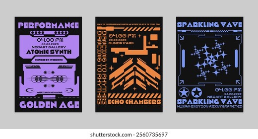 Brutalism poster set, Event poster vector set. Futuristic poster flyer for print. Streetwear poster bundle.  Modern brochure for print. Retrofuturism graphic for promo event and music. 