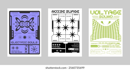 Brutalism poster set, Event poster vector set. Futuristic poster flyer for print. Streetwear poster bundle.  Modern brochure for print. Retrofuturism graphic for promo event and music. 
