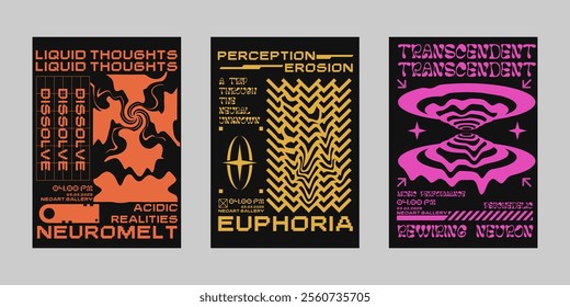 Brutalism poster set, Event poster vector set. Futuristic poster flyer for print. Streetwear poster bundle.  Modern brochure for print. Retrofuturism graphic for promo event and music. 