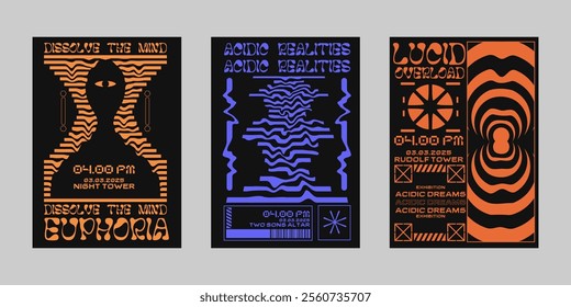 Brutalism poster set, Event poster vector set. Futuristic poster flyer for print. Streetwear poster bundle.  Modern brochure for print. Retrofuturism graphic for promo event and music. 