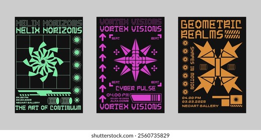 Brutalism poster set, Event poster vector set. Futuristic poster flyer for print. Streetwear poster bundle.  Modern brochure for print. Retrofuturism graphic for promo event and music. 