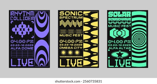 Brutalism poster set, Event poster vector set. Futuristic poster flyer for print. Streetwear poster bundle.  Modern brochure for print. Retrofuturism graphic for promo event and music. 