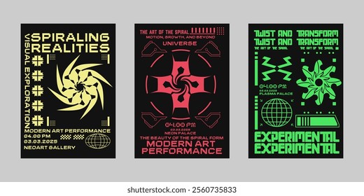 Brutalism poster set, Event poster vector set. Futuristic poster flyer for print. Streetwear poster bundle.  Modern brochure for print. Retrofuturism graphic for promo event and music. 