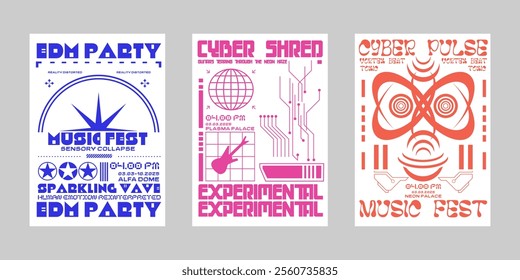 Brutalism poster set, Event poster vector set. Futuristic poster flyer for print. Streetwear poster bundle.  Modern brochure for print. Retrofuturism graphic for promo event and music. 