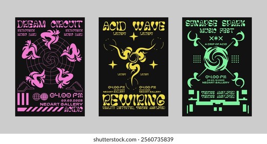 Brutalism poster set, Event poster vector set. Futuristic poster flyer for print. Streetwear poster bundle.  Modern brochure for print. Retrofuturism graphic for promo event and music. 