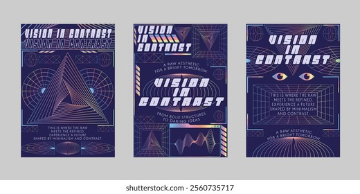 Brutalism poster set, Streetwear poster bundle. Futuristic poster flyer for print. Modern brochure for print. Retrofuturism graphic for promo event and music. Event poster vector set.