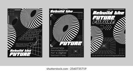 Brutalism poster set, Streetwear poster bundle. Futuristic poster flyer for print. Modern brochure for print. Retrofuturism graphic for promo event and music. Event poster vector set.