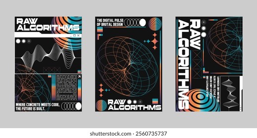 Brutalism poster set, Streetwear poster bundle. Futuristic poster flyer for print. Modern brochure for print. Retrofuturism graphic for promo event and music. Event poster vector set.