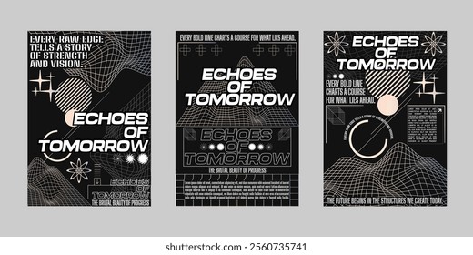 Brutalism poster set, Streetwear poster bundle. Futuristic poster flyer for print. Modern brochure for print. Retrofuturism graphic for promo event and music. Event poster vector set.