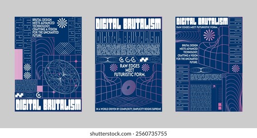 Brutalism poster set, Streetwear poster bundle. Techno Futuristic poster flyer for print. Modern brochure for print. Retrofuturism graphic for promo event and music. Event poster vector set.