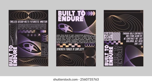Brutalism poster set, Streetwear poster bundle. Techno Futuristic poster flyer for print. Modern brochure for print. Retrofuturism graphic for promo event and music. Event poster vector set.