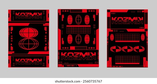 Brutalism poster set, Streetwear poster bundle. Techno Futuristic poster flyer for print. Modern brochure for print. Retrofuturism graphic for promo event and music. Event poster vector set.