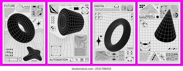 Cartazes de brutalismo com grade retrô e formas y2k. Padrão gráfico vetorial com figuras geométricas abstratas em arames de cone 3d, toro, formas cilíndricas e símbolos estéticos, cartazes brutalistas modernos