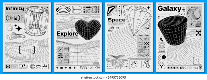 Afiches de brutalismo con formas y 2k y Formas retro 3d. Vector futurista, minimalista, brutal Plantillas en blanco y negro con patrones de malla 3d, incluyendo un cilindro, corazón, diamante y toro