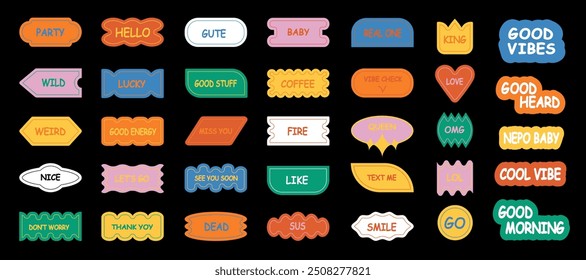 Brutalism retro 90s style naive playful abstract shapes sticker pack.  Doodle quote label collection, funny chat text icon with modern slang and positive words. Isolated flat cartoon clip art bundle.