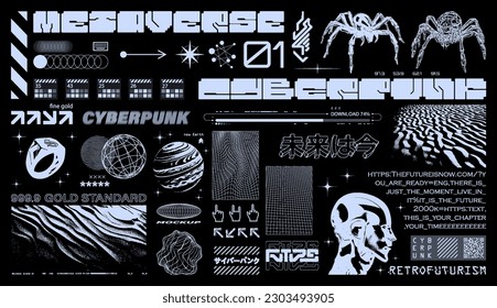 Brutalism  retrofuturistic  y2k concept  Futuristic graphic elements  geometric shapes  textures  digital lettering  Cyberpunk graphic elements set  Translation from Japanese    cyberpunk  Vector Y2K