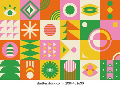 Brutalism shapes. Abstract colorful background. Trendy minimal composition of geometric figures in squares. Vector flat simple forms