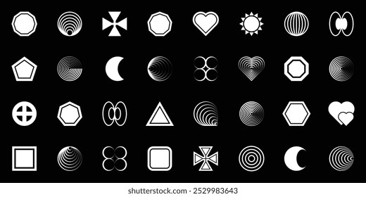 Brutalism shapes, abstract geometric forms, memphis geometric elements. Trendy minimalist basic figures, simple star, plants, lines and circles, modern swiss graphic design element vector set.