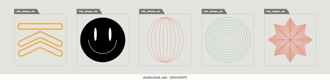 Brutalism shapes. Big collection of abstract graphic geometric symbols. Objects in y2k style. Anti-design. Vector illustration