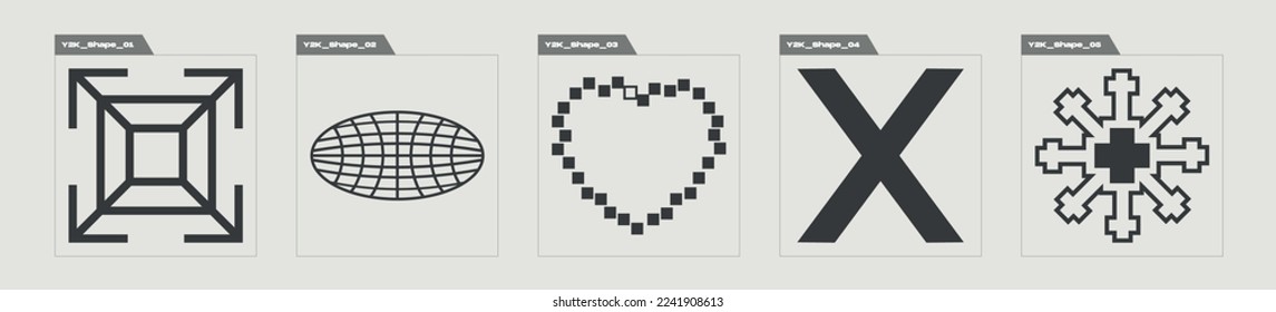 Brutalism shapes. Big collection of abstract graphic geometric symbols. Cyberpunk elements. Projects, posters, banners. Vector illustration