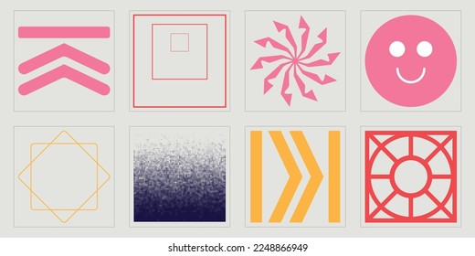 Brutalism shapes. Big collection of abstract graphic geometric symbols. Objects in y2k style. Anti-design. Vector illustration