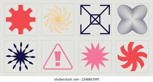 Brutalism shapes. Big collection of abstract graphic geometric symbols. Flat minimalist icons. Projects, posters, banners. Vector illustration