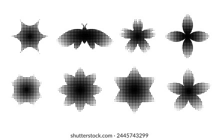 Brutalism shapes with dotted halftone effect, minimalist geometric elements set, abstract bauhaus forms with shade gradient. Simple star and flower, basic form, trendy graphic element vector design