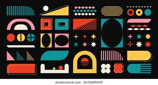 Brutalism shapes and forms, set of retro stickers and geometric design elements. Vector abstract art, vintage figures and flat decorations.